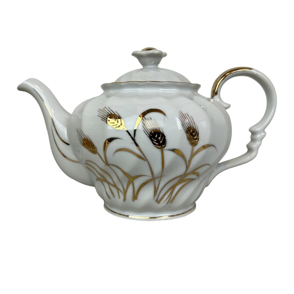 Lefton China Gold Wheat Design Teapot & Lid Vintage MCM  Mid-Century Modern